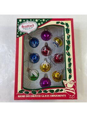 Bradford Hand Decorated Glass Ornaments 2003 Christmas Set Of 10 Blue Red Yellow